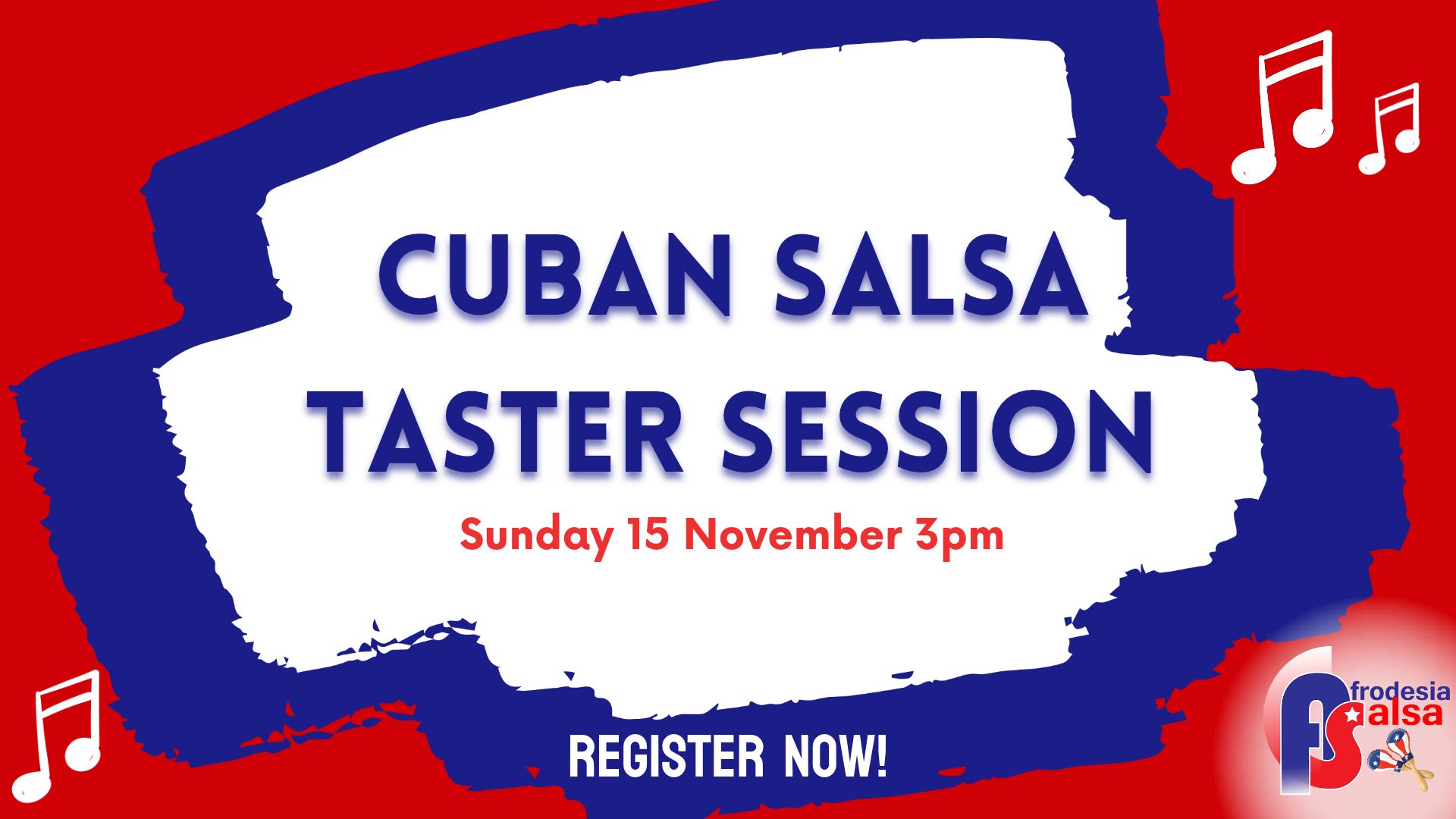 Red blue and white banner for a Cuban Salsa taster class in November